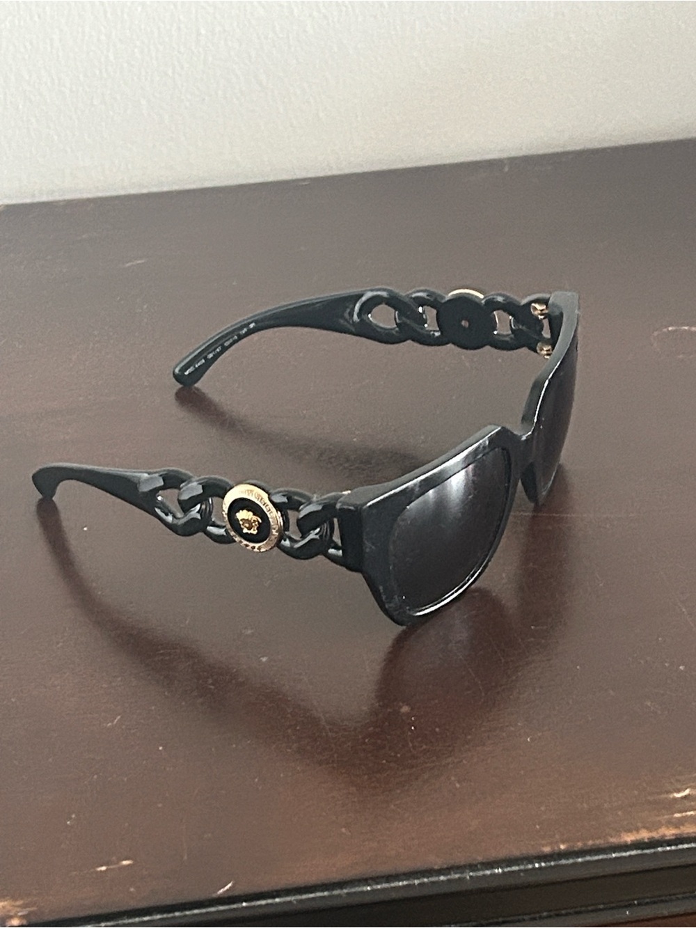 Versace Black Sunglasses with Gold Medallion Chain Temples